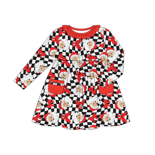 6.16 GLD1064 Baby Girls Long Ruffle Sleeves Black Plaid Bows Santa Knee Length Dresses Preorder