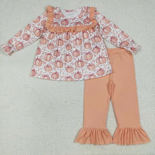8.15 GLP2452 Baby Girls Long Sleeves Bow Pumpkins Plaid Tunic Ruffle Pant Set
