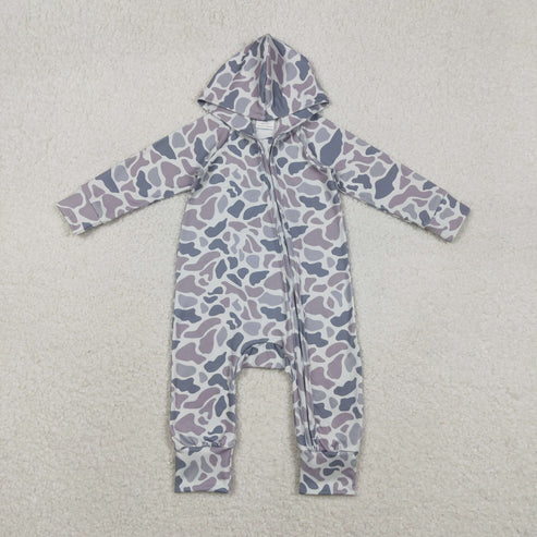 10.27 LR2813 Baby Boys Grey Camo Hoodie Zipper Footie Romper