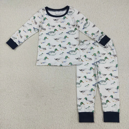 8.2 BLP1121 Baby Boys Long Sleeves Ducks Plaid Top Pant Farm Pajamas Set