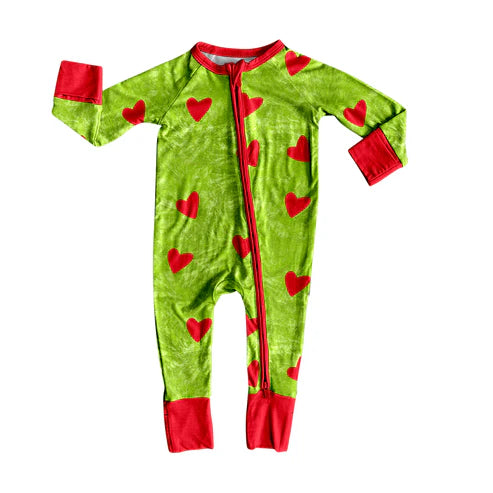 7.30 LR2435 Baby Boys Green Long Sleeves Hearts Plaid Zipper Rompers Preorder