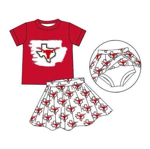 8.9 Custom Moq 5 Baby Girls Red Short Sleeves Bull Skull Top Plaid Skorts Team Set