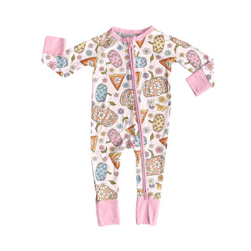 6.6 LR2272 Baby Girls Long Sleeves Flowers Pumpkins Cakes Zipper Rompers Preorder