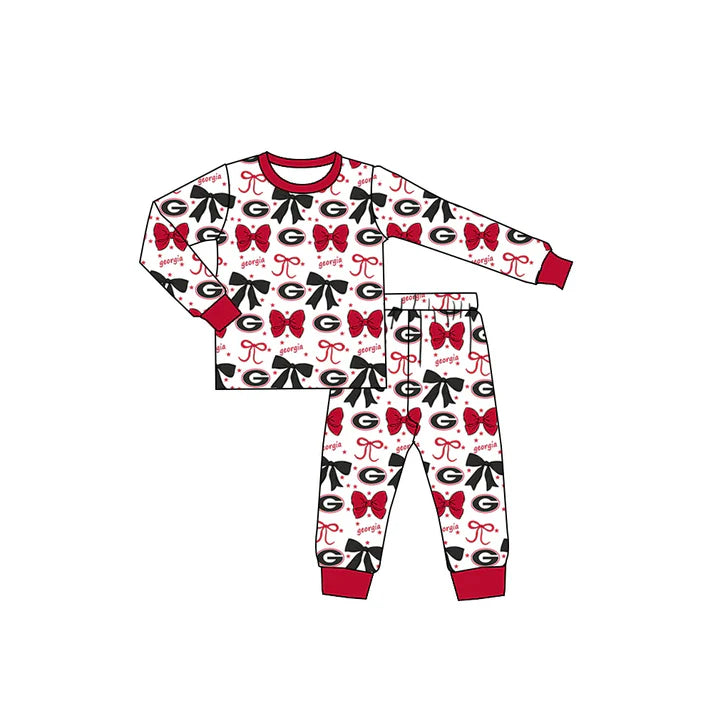 9.5 Custom Moq 5 Baby Girls Red Georgia Team Bows Top Pants Pajamas Sets