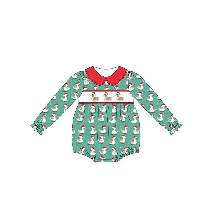 6.14   LR2247 Baby Girls Green Long Ruffle Sleeves Ducks Plaid Rompers Preorder