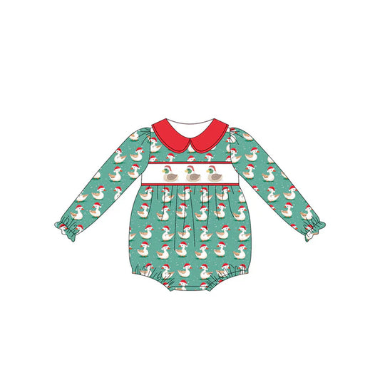 6.14 LR2247 Baby Girls Green Long Ruffle Sleeves Ducks Plaid Rompers Preorder
