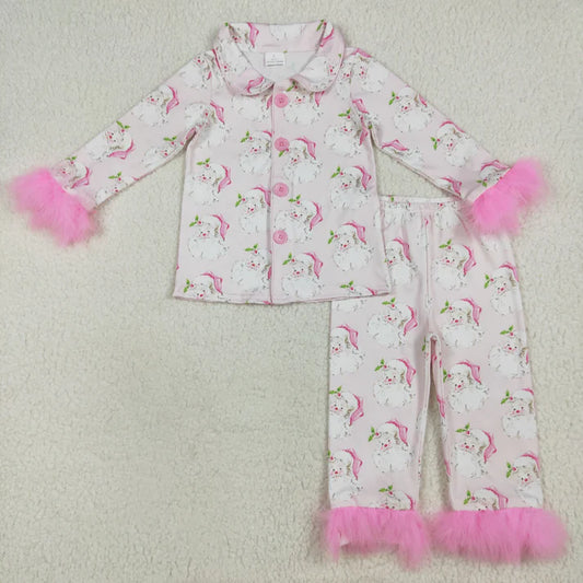 8.15 GLP2376 Baby Girls Pink Long Sleeves With Fur Santa Button Top Pants Pajamas Set