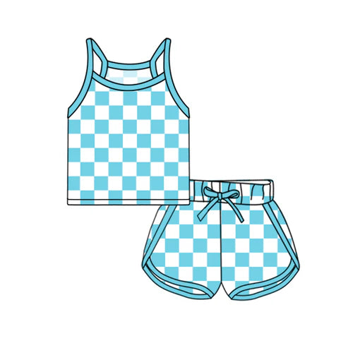 GSSO2332 Baby Girls Blue Strap Plaid Top Short Sport Set Preorder