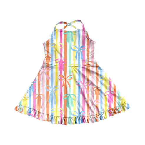 3.31 GSD2288 Baby Girls Strap Colorful Bows Stripe Yoga Ruffle Knee Length Dresses Preorder