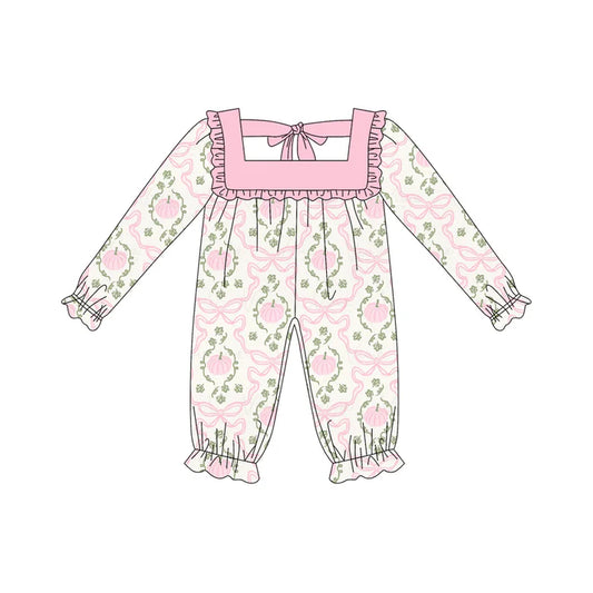 6.12 LR2255 Baby Girls Long Ruffle Sleeves Pink Pumpkins Bows Plaid Pant Rompers Preorder