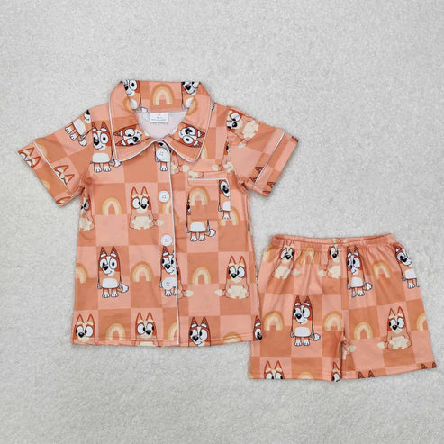 GSSO1801 Baby Girls Dogs Checkered Rainbow Buttons Shirts Shorts Pajamas Clothes Set