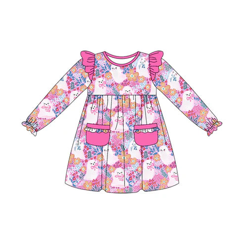7.26  GLD1222 Baby Girls Long Ruffle Sleeves Ghosts Floral Pockets Knee Length Dresses Preorder