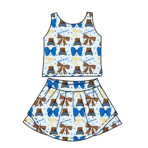 7.3 Custom Moq 3 Baby Girls Sleeveless UCLA Bows Vest Top Short Skirts Set