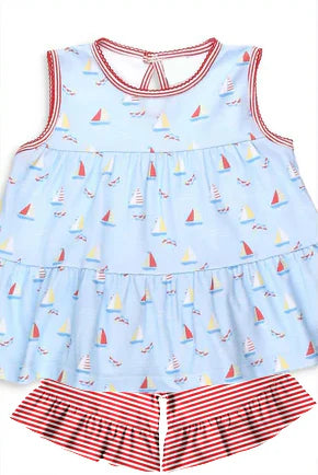 4.11 GSSO2513 Baby Girls Boats Tunic Red Stripe Ruffle Short Set Preorder