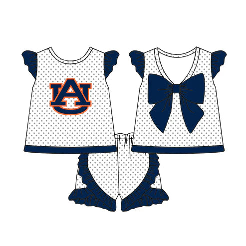 6.21 Custom Moq 3 Baby Girls Navy Flutter Sleeves Polka Dots AU Top Ruffle Shorts Team Set
