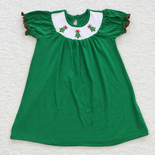10.8 GSD0432 Embroidered Christmas tree smocked green short sleeve skirt