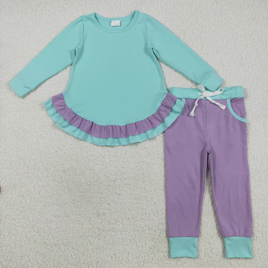 8.15 GLP2402 Baby Girls Aqua Long Sleeves Ruffle Top Lavender Pockets Legging Pant
