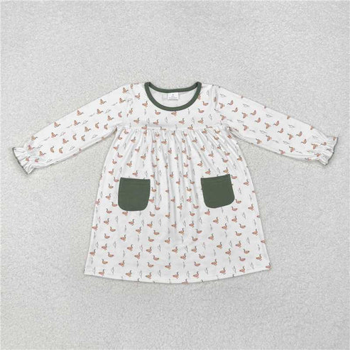 GLD0717 Baby Girls Fall Ducks Green Pockets Knee Length Dress