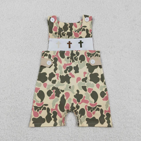 12.16 SR3290 Embroidery Crosses Baby Boys Camo Easter Shorts Romper