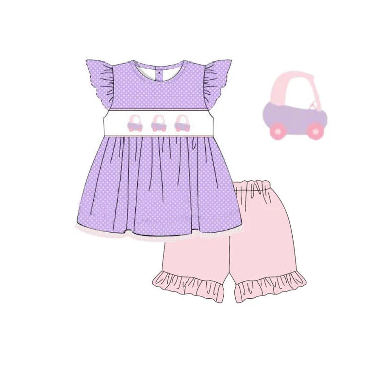 12.2 MOQ：5pcs GSSO2959 pre-order baby girl clothes car print toddler girl summer outfit