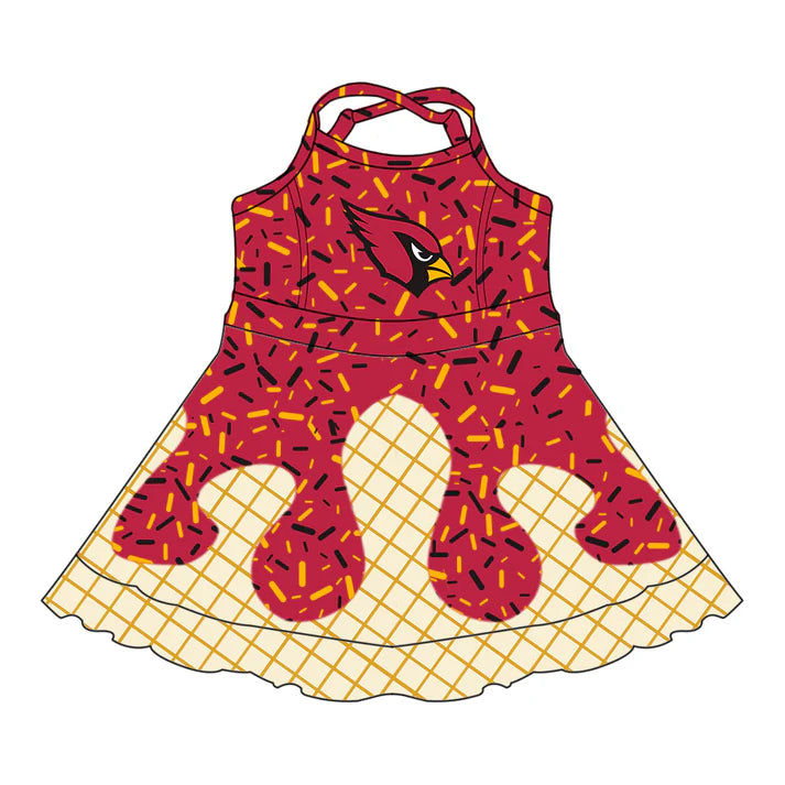 7.8 Custom Moq 3 Baby Girls Straps CARDINALS Plaid Short Ruffle Team Knee Length Dresses