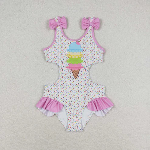 S0178 Ice Cream Pink Lace bow white one-piece swimsuit