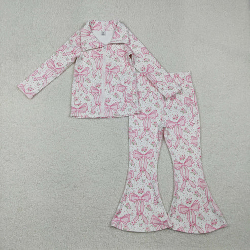 RTS NO MOQ(In Stock) GT1082+P0773 Baby Girls Pink Floral Bows Pockets Zipper Top Bell Bottom Pant Yoga Set