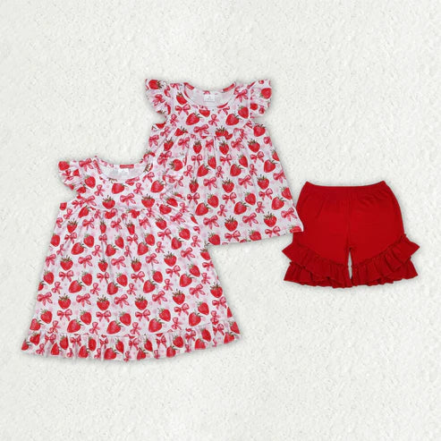 Sibling Baby Girls Red Strawberry Bows Dresses Outfits