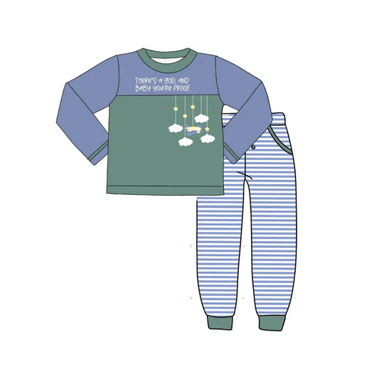 6.16  BLP1072 Baby Boys Blue Long Sleeves Cloud Plane Top Pockets Stripe Legging Pant Set Preorder