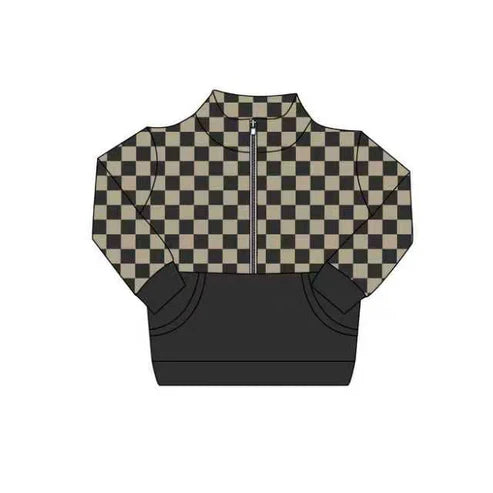 9.8 Custom Moq 5 Baby Girls Black Checked Zipper Pockets Long Sleeves Pullovers Tops