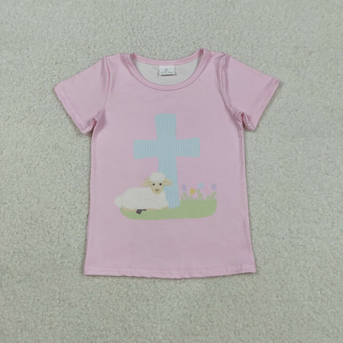 12.3 GT1394 Baby Girls Pink Short Sleeve Cross Sheep Easter T-shirts Top