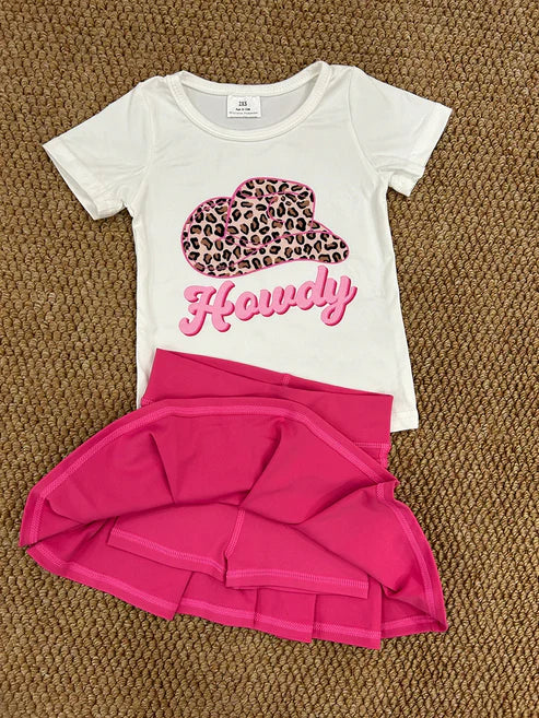 6.9  GT0138+GLK0079 Baby Girls Western Howdy Shirt Hotpink Pleated Skorts Yoga Active Set