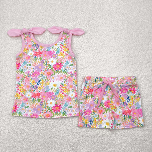 5.3 GSSO2551 Baby Girls Pink Bows Strap Floral Top Pockets Short Set