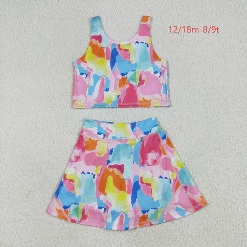 6.26 GSD2625 Baby Girls Sleeveless Watercolor Camo Vest Top Short Skirts Yoga Set