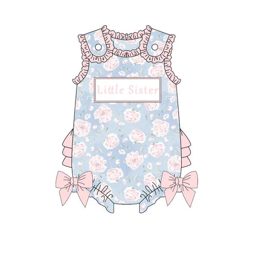3.19 SR2911 Baby Infant Girls Pink Ruffle Sleeveless Little Sister Floral Rompers Preorder