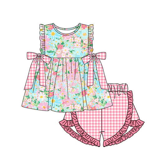 L-3.4 GSSO2111 Baby Girls Blue Pink Flowers Bows Tunic Ruffle Shorts Clothes Sets Preorder