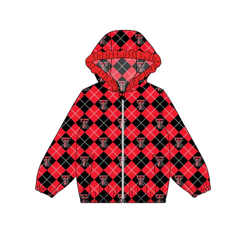 9.9 Custom Moq 5 Baby Girls Texas Tech Footballs Red Checkered Team Ruffle Hooded Tops