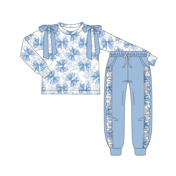 7.10 Custom Moq 3 Baby Girls Long Sleeves Flowers Bows Top Pockets Pant Clothes Set
