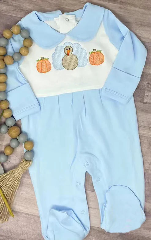 8.7 LR2562 Baby Boys Blue Pumpkins Turkey Fall Footed Rompers Preorder