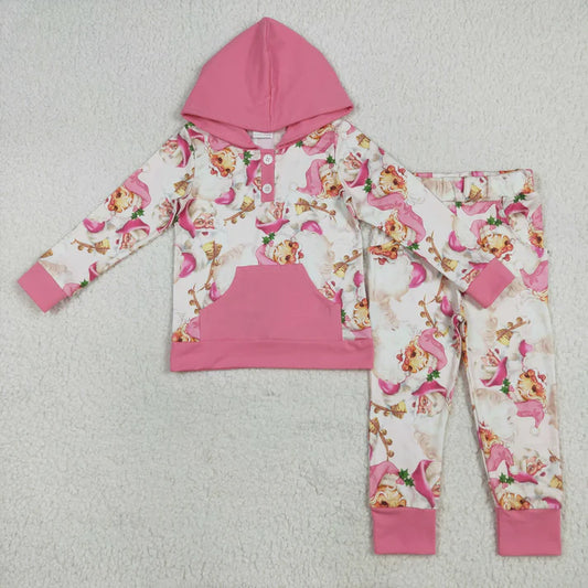 8.15 GLP2474 Baby Girls Pink Long Sleeves Santa Button Hoodies Pockets Pant Set