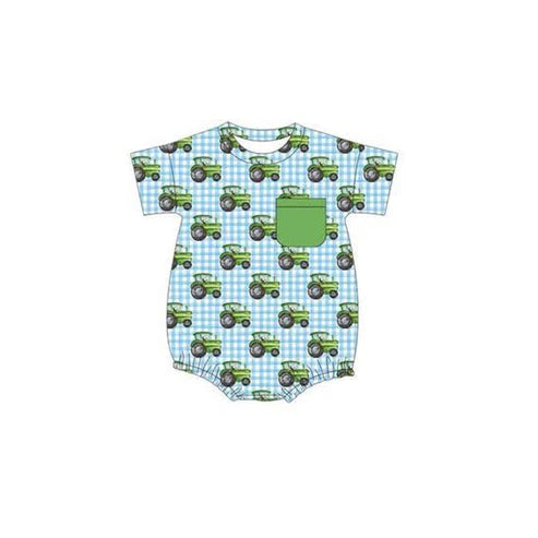 6.9 SR3137 Baby Boys Short Sleeves Trucks Blue Plaid Pocket Farm Bummies Rompers Preorder