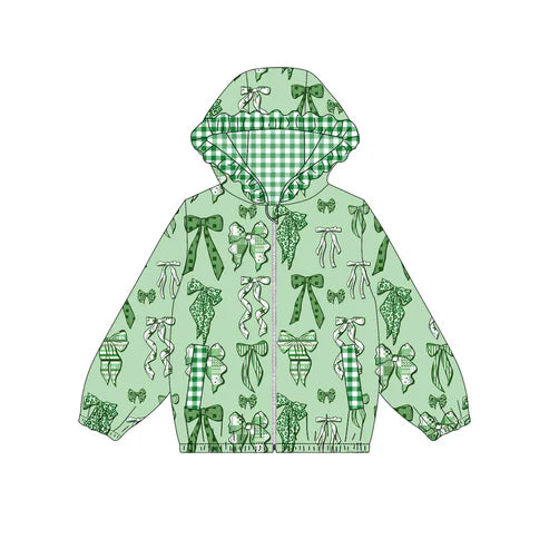 10.10 Custom Moq 5 Baby Girls Green Bows Pocket Zipper St Patrick Ruffle Hoodies Jackets Top