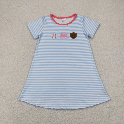 4.14 GSD2220 Baby Girls Light Blue Stripe Short Sleeves Bows Baseball Knee Length Dress