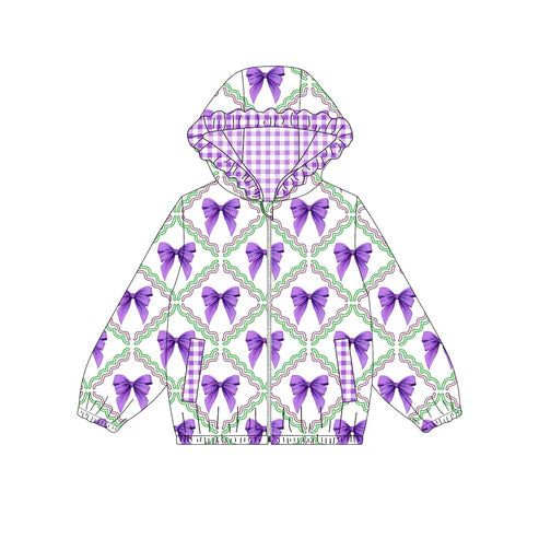 10.10 Custom Moq 5 Baby Girls Mardi Gras Purple Bows Checked Pockets Zipper Ruffle Hoodies Top