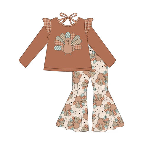 7.28 GLP2605 Baby Girls Khaki Long Sleeves Turkey Bows Top Bell Bottom Pant Set Preorder