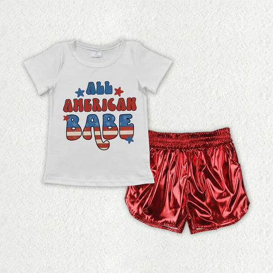 4.7 GT0179+SS0415 Baby Girls American Babe Tops Red Leather Shorts Clothes Set