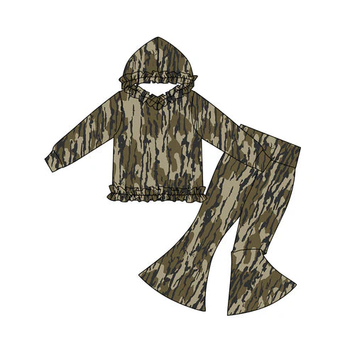 11.3 GLP3075 Baby Girls Olive Camo Ruffle Hoodies Bell Bottom Pants Southern Clothes Sets Preorder