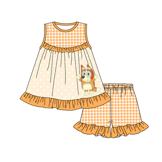 L-3.5 GSSO2123 Baby Girls Orange Dots Dogs Tunic Ruffle Shorts Clothes Sets Preorder