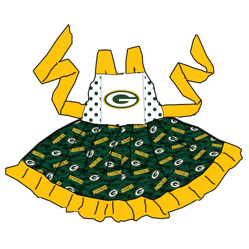 4.25 Preorder(moq 3) Baby Girls Twirl Packers Belt Team Knee Length Dresses