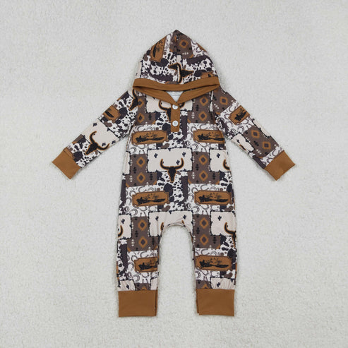 10.10 LR2592 Baby Boys Brown Aztec Bull Skulls Western Button Hoodie Footie Romper